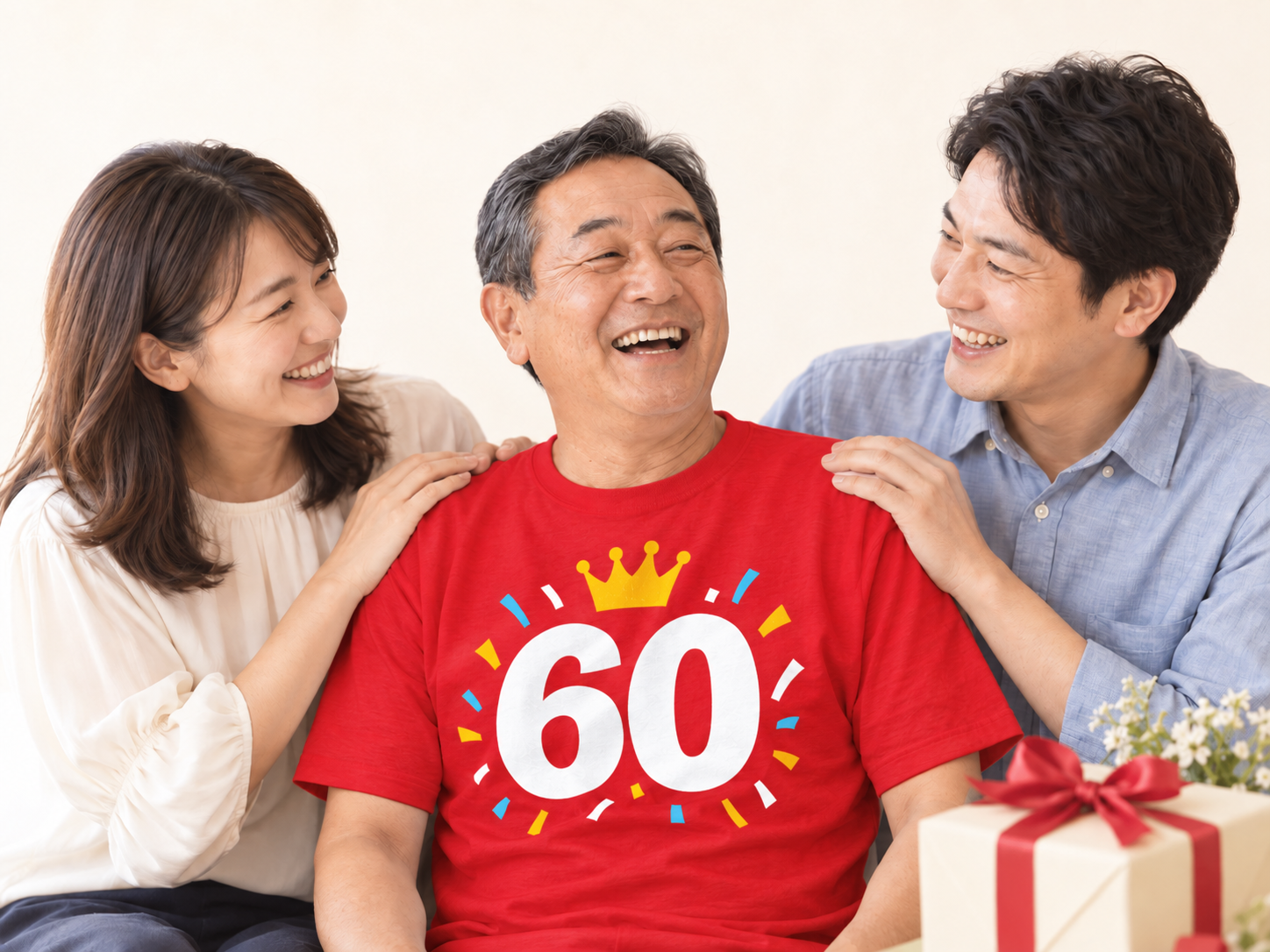 白い60と金色の王冠をプリントした赤い還暦Tシャツで、家族と笑い合うお父さんのイメージ