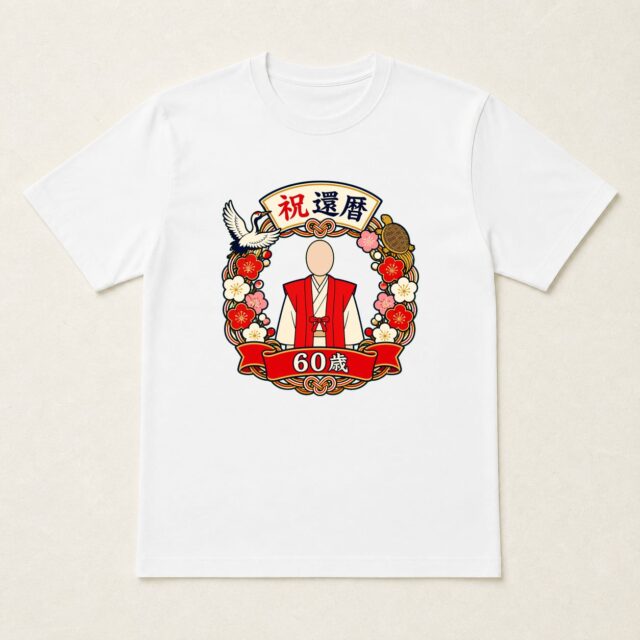 顔写真でつくる還暦Tシャツ「鶴亀花輪の還暦主役」