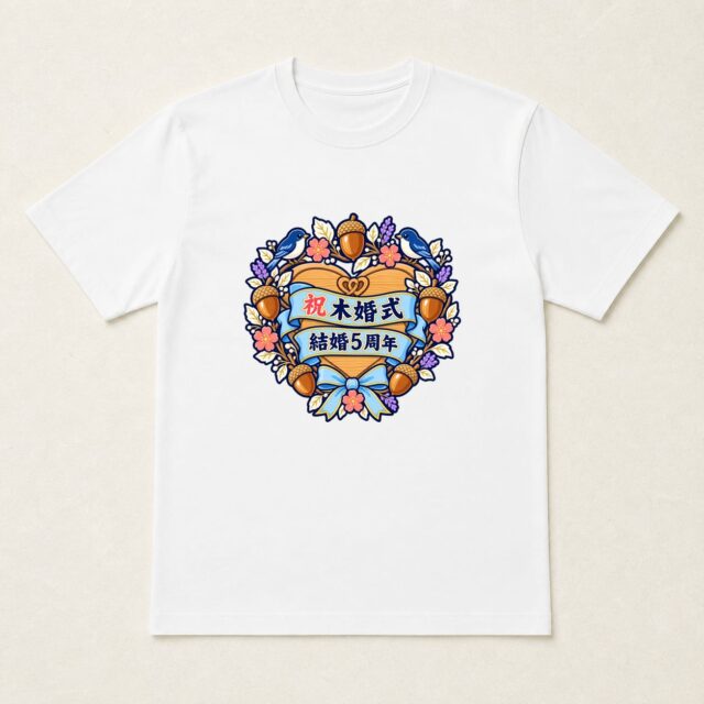 結婚5周年・木婚式Tシャツ「五つの木の実を結ぶハートリース」
