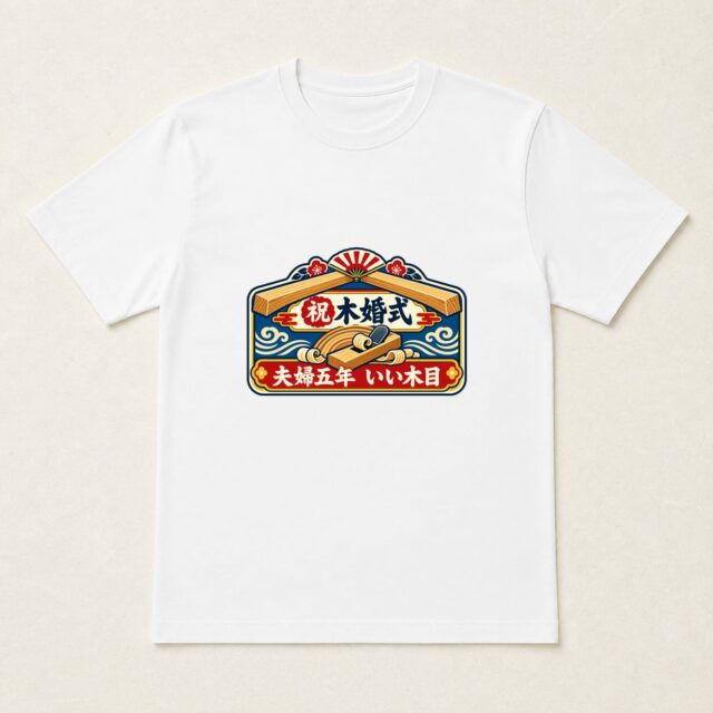 結婚5周年・木婚式Tシャツ「町の木工所・夫婦五年看板」