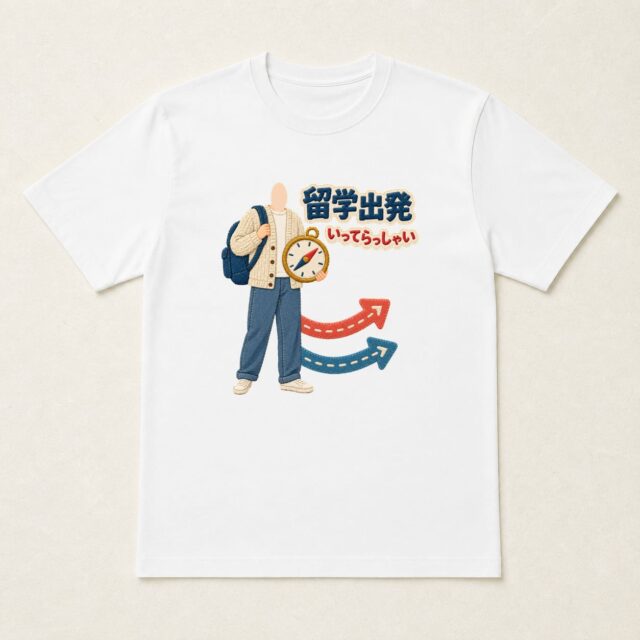顔写真でつくる留学出発祝いTシャツ「新しい方角へ、一歩」