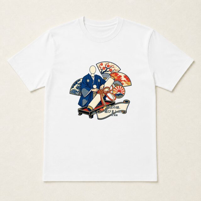 顔写真でつくる開業祝いTシャツ「門出の紐、結びました。」