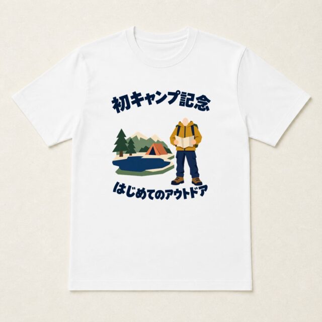 顔写真でつくる初キャンプ記念Tシャツ「湖のほとりで、はじめまして」