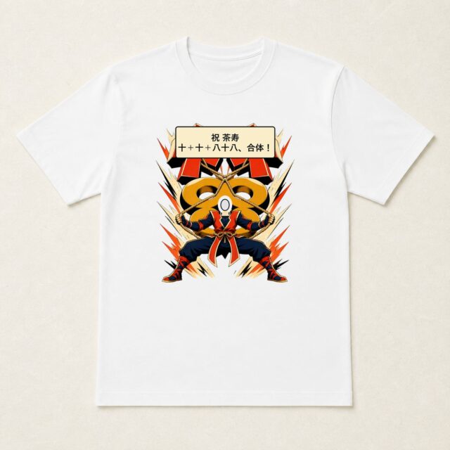 顔写真でつくる茶寿Tシャツ「十＋十＋八十八、合体！」
