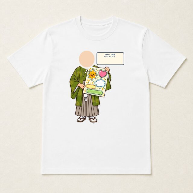 顔写真でつくる茶寿Tシャツ「百八年、貼りました。」
