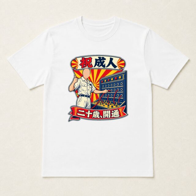 顔写真でつくる成人祝いTシャツ「二十歳、開通」