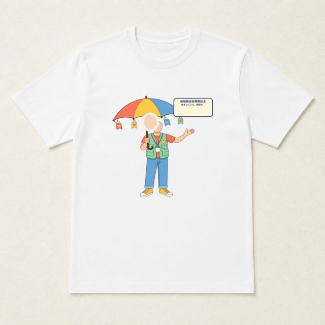 顔写真でつくる地域商店街再開記念Tシャツ「傘をひらいて、再開中。」