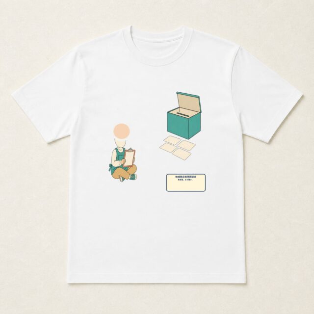 顔写真でつくる地域商店街再開記念Tシャツ「意見箱、まだ軽い。」