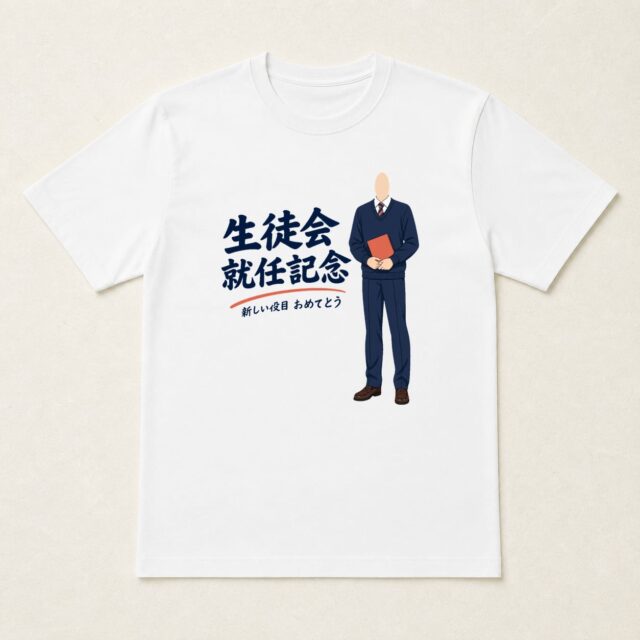 顔写真でつくる生徒会就任記念Tシャツ「一ページずつ、よりよい学校へ」