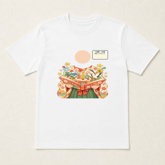 顔写真でつくる大還暦・120歳(120歳記念)Tシャツ「二冊目、ひらきました。」
