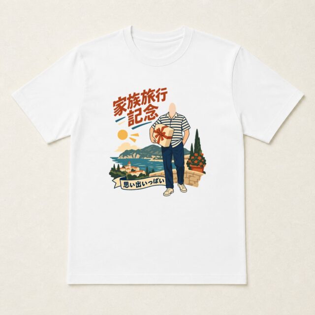 顔写真でつくる家族旅行記念Tシャツ「おみやげ話、持ち帰ろう」