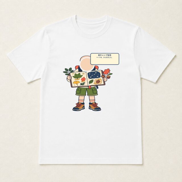 顔写真でつくる初キャンプ記念Tシャツ「ページを、ひらきました。」