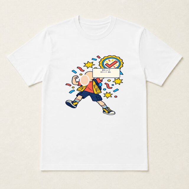 顔写真でつくる初キャンプ記念Tシャツ「初キャンプ、認定。」