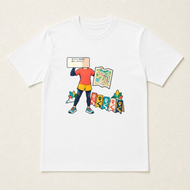 顔写真でつくる初マラソン完走記念Tシャツ「道のり、折りました。」