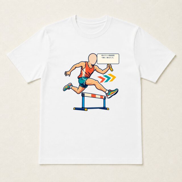 顔写真でつくる初マラソン完走記念Tシャツ「一跳び、越えました。」