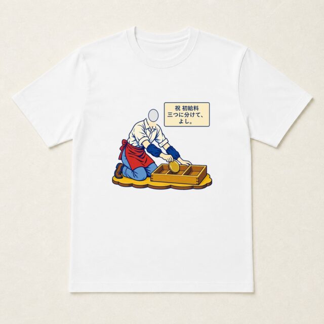 顔写真でつくる初給料記念Tシャツ「三つに分けて、よし。」