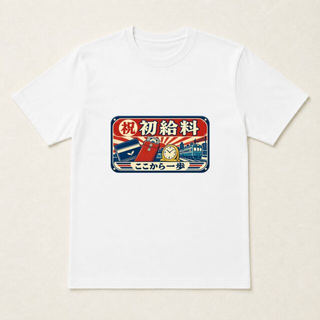 初給料記念Tシャツ「ここから一歩・初給料日看板」