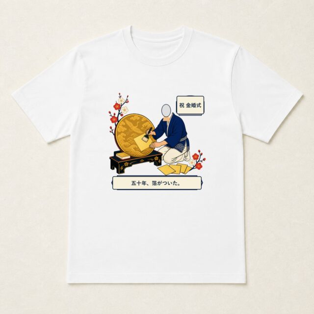 顔写真でつくる結婚50周年・金婚式Tシャツ「五十年、箔がついた。」