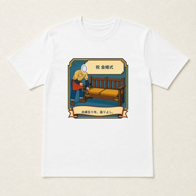 顔写真でつくる結婚50周年・金婚式Tシャツ「夫婦五十年、座りよし。」
