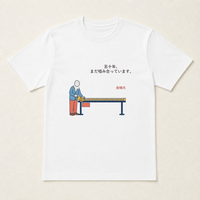 顔写真でつくる結婚50周年・金婚式Tシャツ「五十年、まだ噛み合っています。」