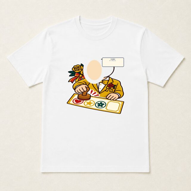 顔写真でつくる結婚50周年・金婚式Tシャツ「三つ、押しました。」