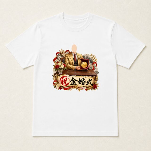 顔写真でつくる結婚50周年・金婚式Tシャツ「五十年に拍手」
