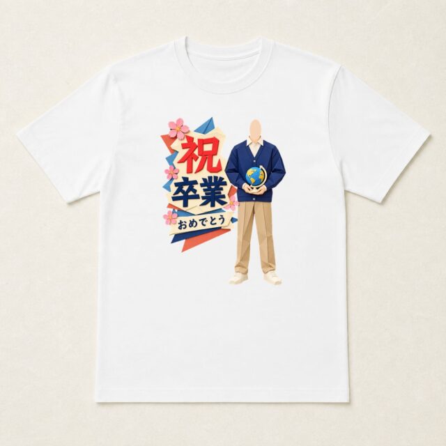 顔写真でつくる卒業祝いTシャツ「ひろい世界へ、出発」