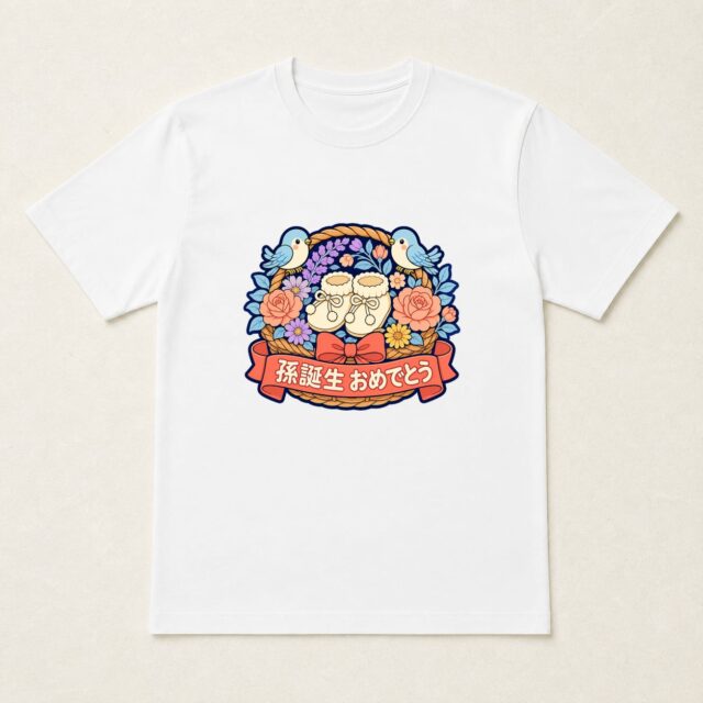 孫誕生祝いTシャツ「小さな靴の花かご」