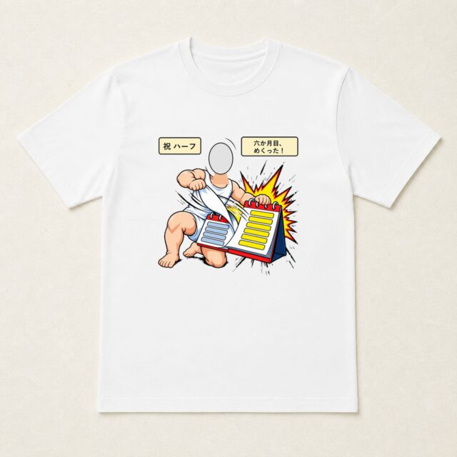 顔写真でつくるハーフバースデー・生後6か月Tシャツ「六か月目、めくった!」