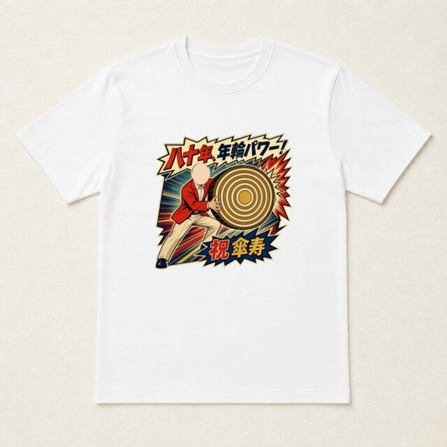 顔写真でつくる傘寿Tシャツ「八十年、年輪パワー！」