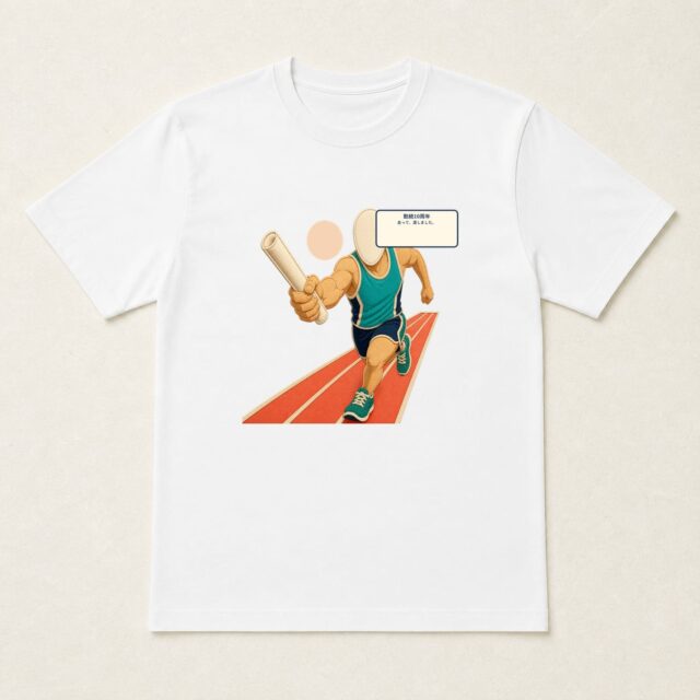 顔写真でつくる勤続10周年Tシャツ「走って、渡しました。」