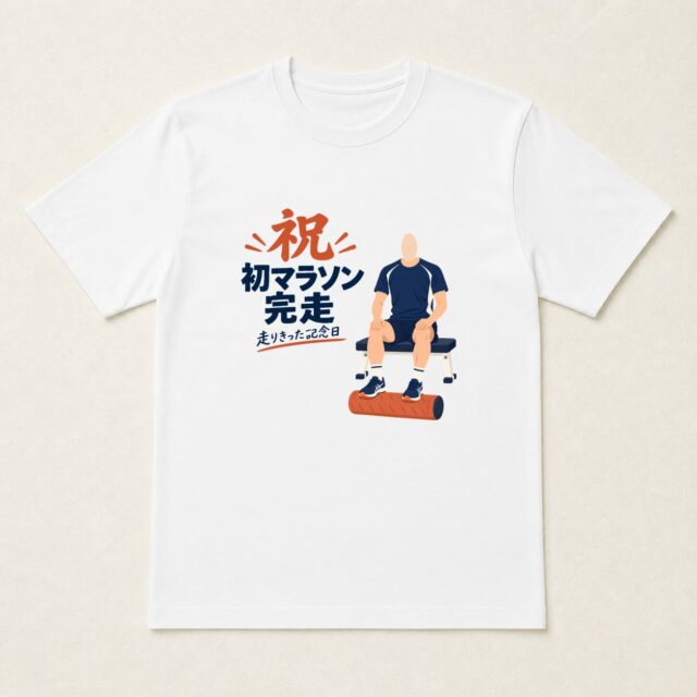 顔写真でつくる初マラソン完走記念Tシャツ「次の一歩へ、ひと休み」