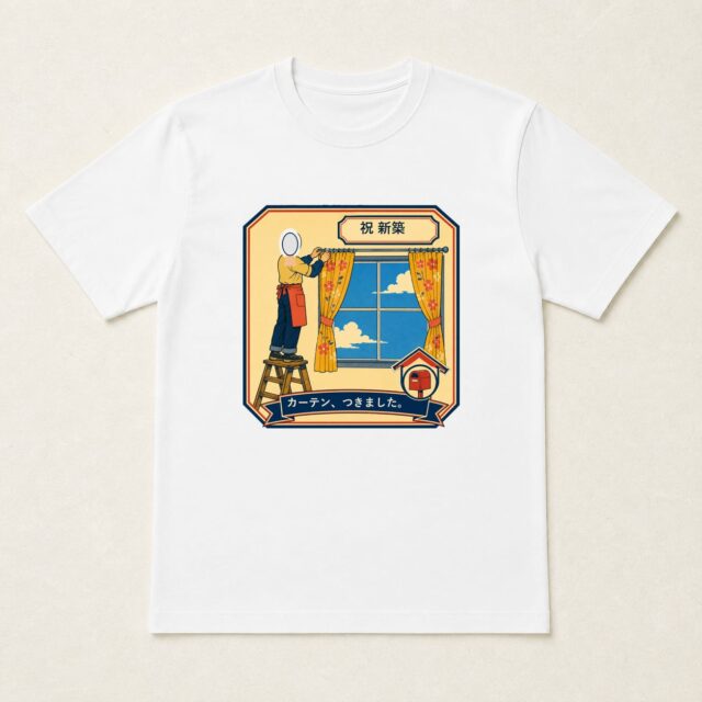 顔写真でつくる新築祝いTシャツ「カーテン、つきました。」