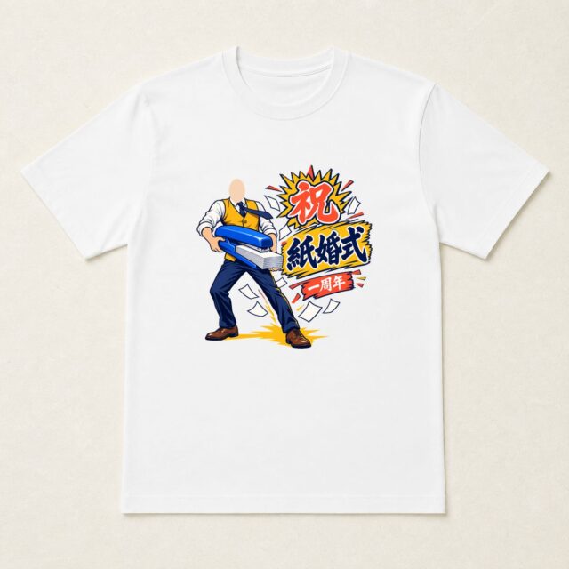 顔写真でつくる結婚1周年・紙婚式Tシャツ「ふたり、しっかり留まってます」