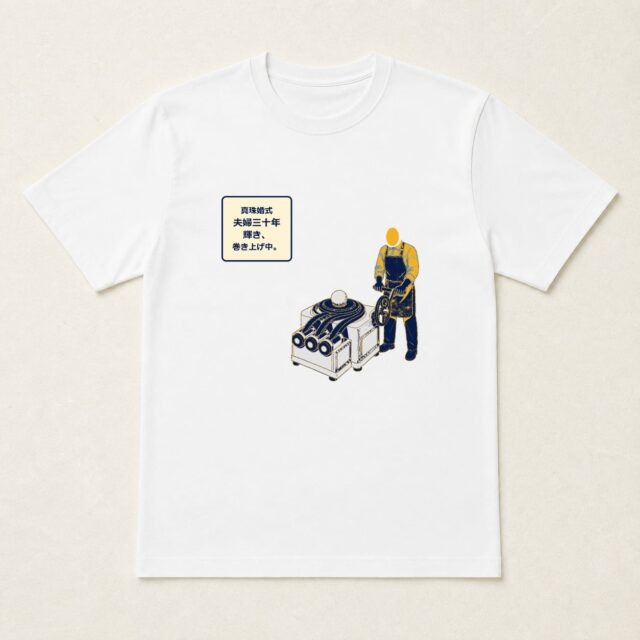 顔写真でつくる真珠婚式・結婚30周年Tシャツ「輝き、巻き上げ中。」