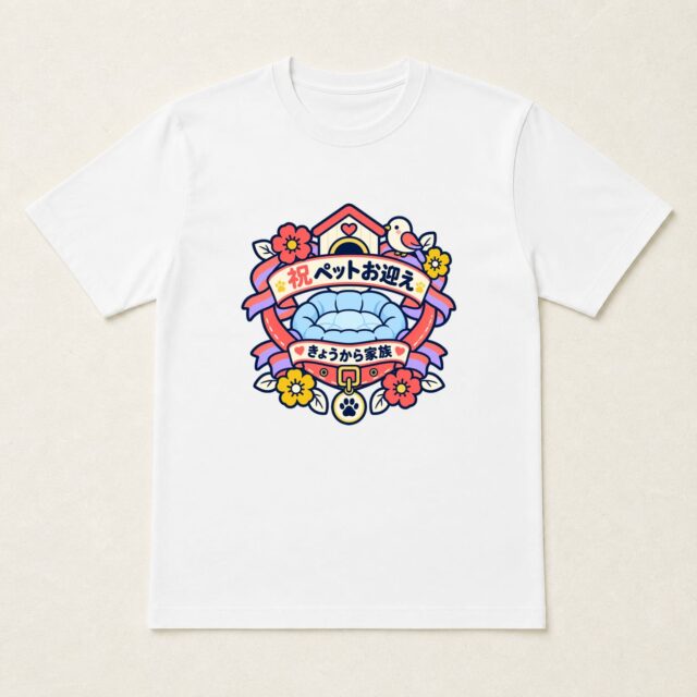 ペットお迎え記念Tシャツ「花結びのウェルカム首輪章」