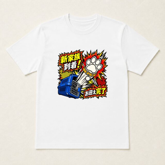 ペットお迎え記念Tシャツ「新家族・ドア開幕」