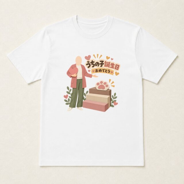 顔写真でつくるペット誕生日Tシャツ「いっしょに、一段ずつ」