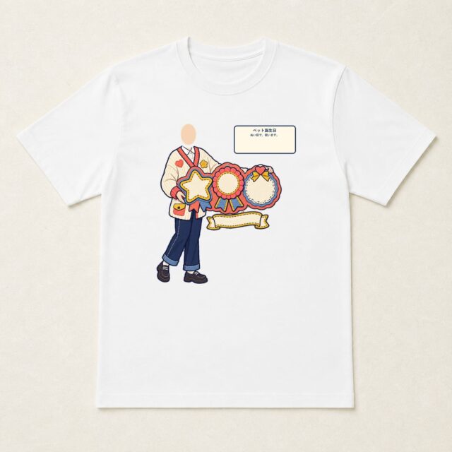 顔写真でつくるペット誕生日Tシャツ「ぬい目で、祝います。」