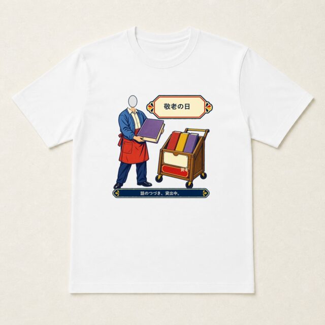 顔写真でつくる敬老の日Tシャツ「話のつづき、貸出中。」