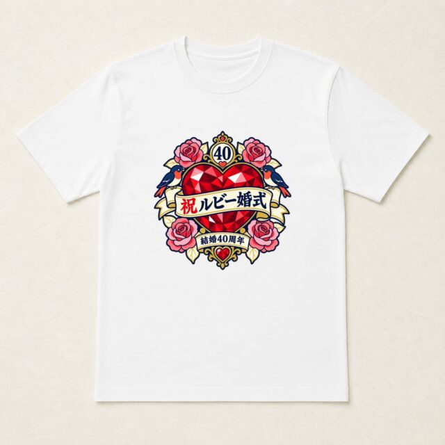 結婚40周年・ルビー婚式Tシャツ「ルビー結びの四十年」