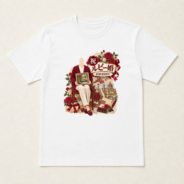 顔写真でつくる結婚40周年・ルビー婚式Tシャツ「思い出を飾る、四十年」