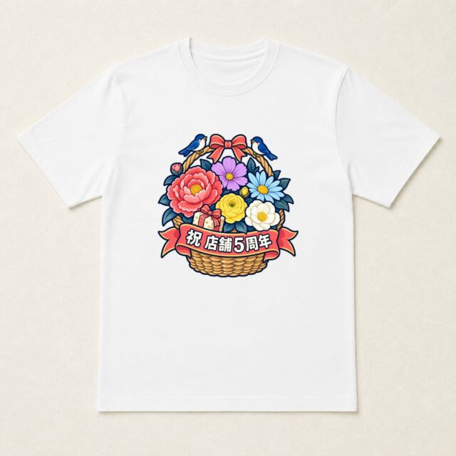 店舗5周年Tシャツ「五つの花を運ぶご愛顧バスケット」