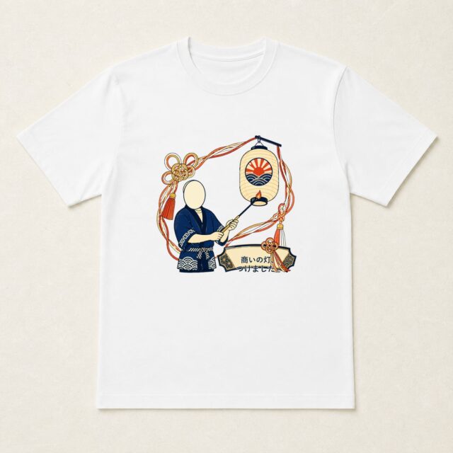 顔写真でつくる開店祝いTシャツ「商いの灯、つけました。」