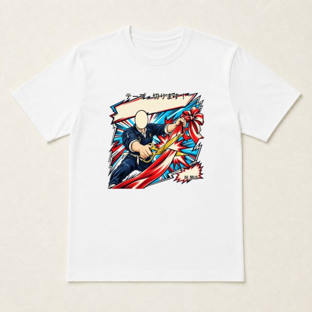 顔写真でつくる開店祝いTシャツ「テープ、切ります!」