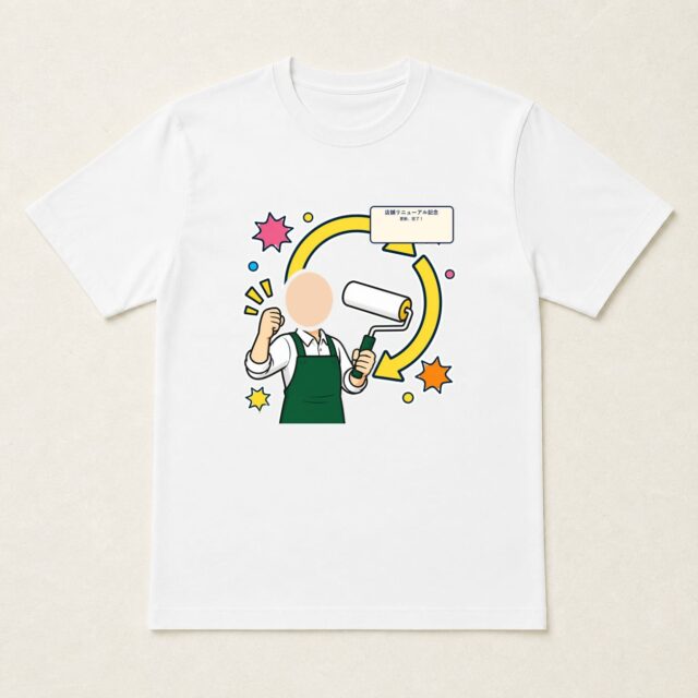 顔写真でつくる店舗リニューアル記念Tシャツ「更新、完了！」