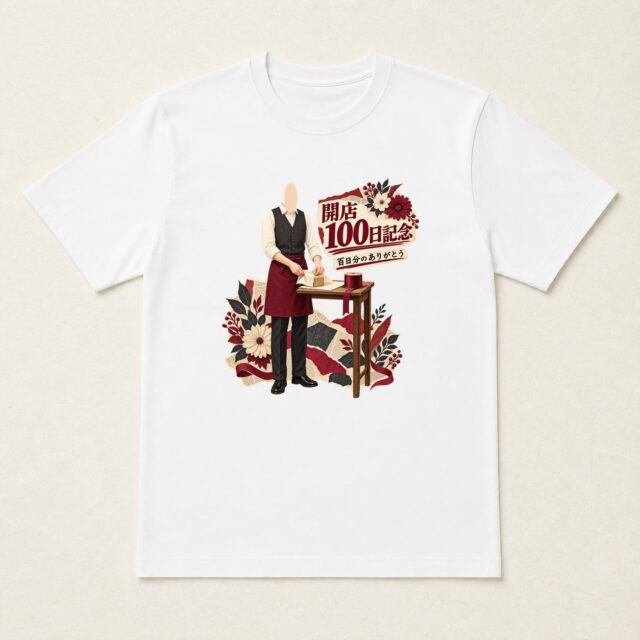顔写真でつくる開店100日記念Tシャツ「ひと包みずつ、ありがとう」