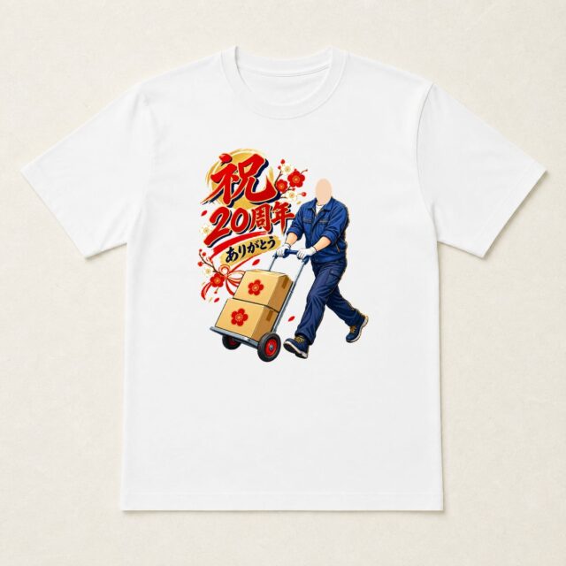 顔写真でつくる店舗20周年Tシャツ「これからも、運びます」