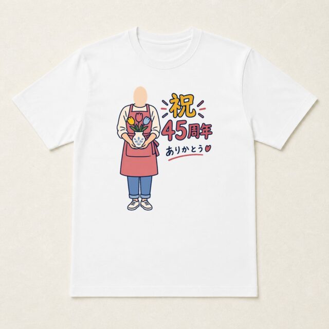 顔写真でつくる店舗45周年Tシャツ「四十五年の、ありがとうを一輪に」