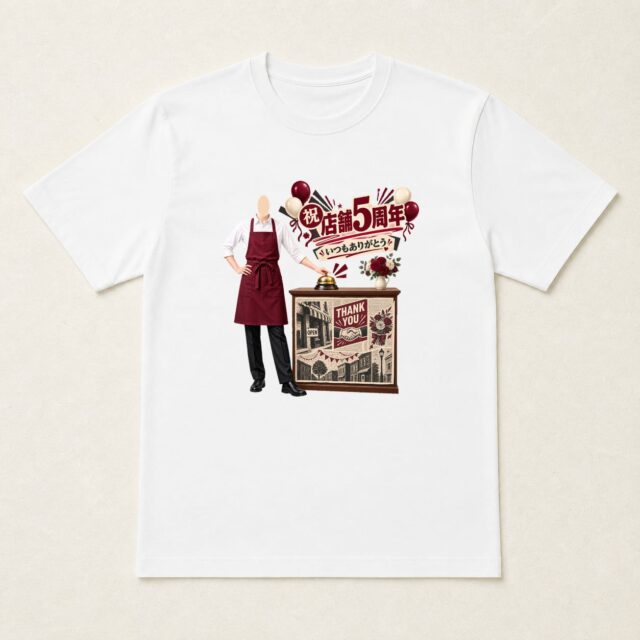 顔写真でつくる店舗5周年Tシャツ「今日もいらっしゃいませ」
